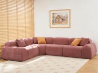 Canapé modulaire incurvé en forme de L, rembourré en velours rouge rose, compressé, adapté aux écoles et aux bureaux, avec des coussins contrastés orange