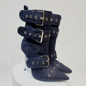 Trending Denim Belt Buckles Stiletto Women High Thin Heels Booties Fancy Retro Short Ankle Boots Punk Styles <b>Shoes</b> - Product Image 5