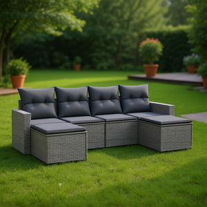 Ensemble de canapés de jardin 6 pièces en rotin gris, mobilier d'extérieur, pieds réglables, design contemporain - Product Image 2