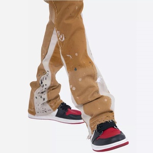 OEM Latest Designer Style Bell Bottom Denim Pants Graffiti Paint Splatter <b>Elastic</b> <b>Jeans</b> Custom Denim Stacked Flare <b>Jeans</b> Men - Product Image 3