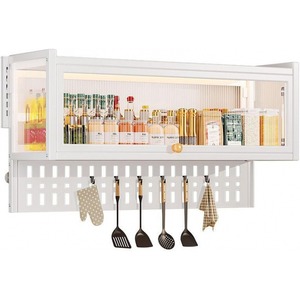 Meuble mural de cuisine moderne en verre blanc 65/85 cm pour rangement domestique, étagère à <span class=keywords><strong>épices</strong></span> avec crochets, facile à nettoyer, multifonction, petit <span class=keywords><strong>casier</strong></span> mural pour casseroles - Product Image 1