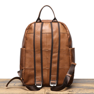 Men's Genuine Leather <b>Backpack</b> <b>Brown</b> Solid Color Large Capacity 20L And Below Leisure Travel Laptop Bag - Product Image 2