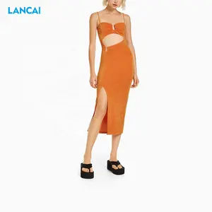 2024夏季定制开背Midi纯棉素色连衣裙性感橙色修身意大利面条系带宽松吊带长裙