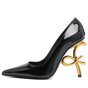 Women's Pointed Toe Patent Sandals Slingback Style Gold Bow Knotted Metal High Heels Shoes Back Strap <b>Pumps</b> - Product Image 3