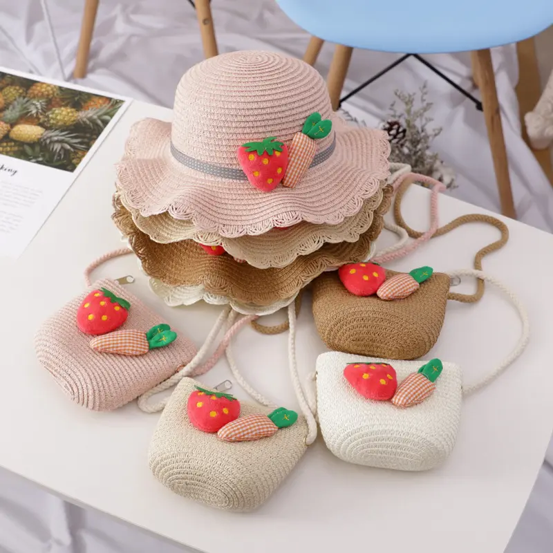 신선한 물결 모양의 가장자리 어린이 밀짚 모자 여름 소녀 외출 해변 모자 딸기 귀여운 태양 보호 모자 도매