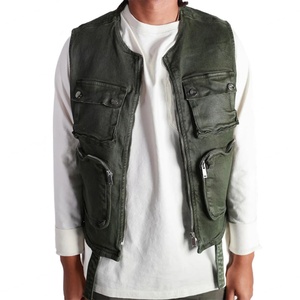 Chaleco de mezclilla encerado elástico de alta calidad para hombre con múltiples bolsillos con cremallera y correas - Product Image 3