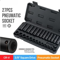 Jeu de douilles à chocs hexagonales professionnelles 27 pièces 3/8'' en acier CR-V, qualité industrielle OEM, avec boîte à outils mécanique, longueurs profondes/plates