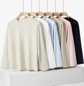 Camiseta holgada de algodón puro, cuello redondo, color sólido, manga larga para hombre, holgada, de algodón puro - Product Image 1