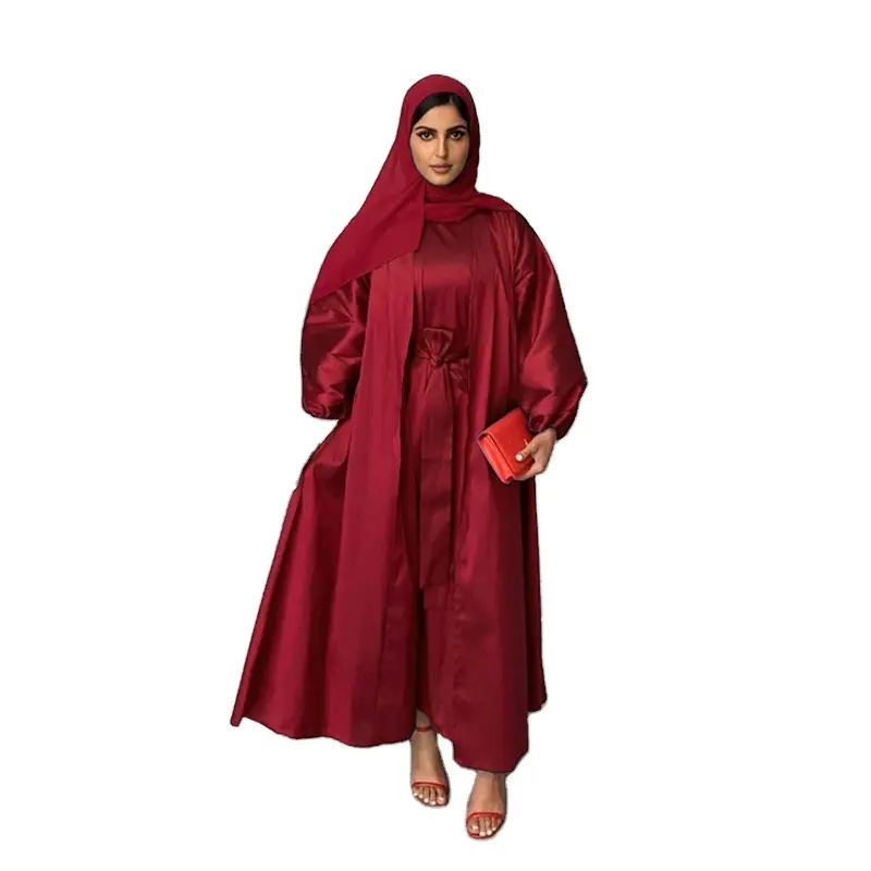 Eid Etnische Stijl Best Verkopende Solide Midden-Oosten Moslimjurk Saudi Tweedelige Lange Jurk Veganistische Gewaad Riem Abaya Set