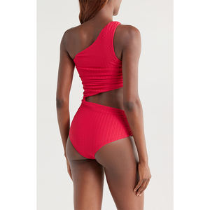 Traje de Baño Bikini para Mujer, Personalizado, de un Solo Hombro, con Abertura, a Rayas Blancas y Negras, Moderno, de una Pieza - Product Image 3
