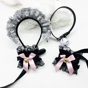 Serre-tête oreilles de chat avec clochette et collier ras-du-cou noir, rose, blanc, nœud en dentelle pour femme, accessoires intimes - Product Image 1