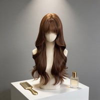 Perruque non-attachée, style doux, perruque pour femme, brun chaud caramel, frange, cheveux longs bouclés, perruque complète Lolita