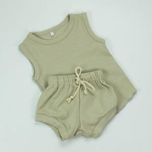 Conjuntos de Ropa de Verano para Niños al por Mayor, Conjunto de Chaleco sin Mangas de Punto Waffle y Pantalones Cortos con Cordón para Bebés - Product Image 3