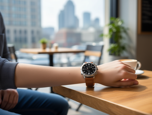 Nvkov Reloj inteligente de moda para hombre, caja de acero inoxidable, correa de cuero, cronógrafo, esfera redonda, esfera negra - Product Image 2