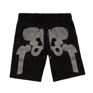 Oem Custom Men's Sweat Black Shiny Shorts Plus Size Street Wear Fleece Cotton Stylish Skeleton Rhinestone Sweat Shorts