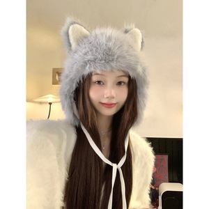 Korean Style Cat Ear Beanie <b>Hat</b> White Pink Gray Winter <b>Warm</b> Knit <b>Hat</b> For Women 56-58cm Female Headwear - Product Image 5