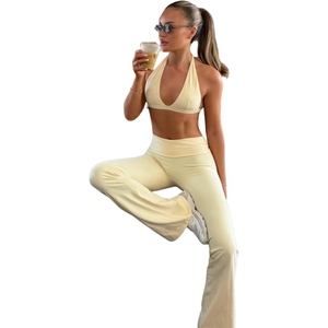 Completo da <span class=keywords><strong>donna</strong></span> KY in due pezzi beige ricamato, top estivo con scollo all'americana e pantaloni lunghi a vita alta, <span class=keywords><strong>abbigliamento</strong></span> sportivo da <span class=keywords><strong>donna</strong></span> - Product Image 2