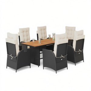 Conjunto de Comedor de Jardín de Ratán Negro con Cojines Color Crema, Muebles de Exterior para 6 Personas, Mesa de Teca, Diseño Contemporáneo, Resistente a la Intemperie - Product Image 1