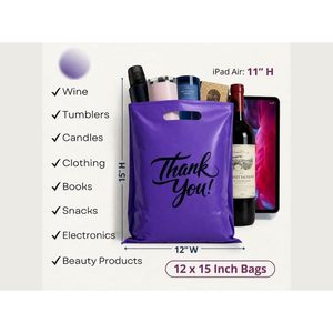 Thank You Purple LDPE Shopping <b>Bag</b> <b>Medium</b> <b>Size</b> Die Cut Handle Gift Retail Use - Product Image 4