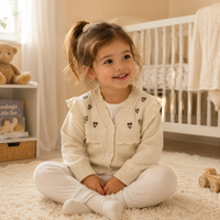 Kardigan Kancing Kerah Ruffle Bordir Bunga untuk Anak Perempuan dengan Detail Mutiara, Sweater Anak Custom OEM Pabrik