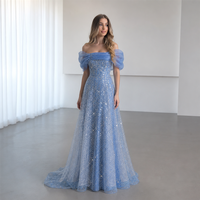 Robe de soirée bleu pétale de vigne à sequins, épaules dénudées, sans manches, coupe trapèze, ornée de perles, pour mariage et fête, fournisseur personnalisé, vente en gros