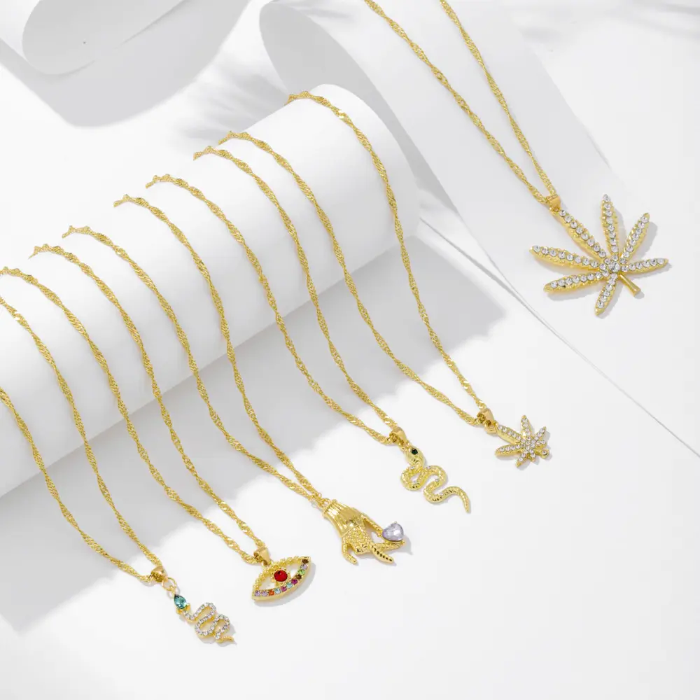 HOVANCI original gold necklace 5 14k solid saudi gold eye letter moon maple leaf pendant zircon necklace