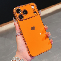 Coque en TPU souple plaquée or avec motif cœur mignon pour iPhone 16 15 12 13 14 17 Pro Max, couleur orange, étui antichoc pour filles