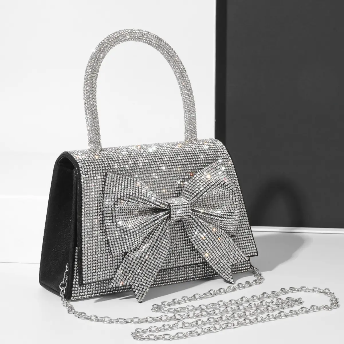 Bolso de mano de cristal para mujer, bolso de noche con diamantes de imitación y lazo, bolsos de mano de lujo con diamantes