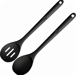 600F Heat Resistant Silicone Spoons <b>Set</b> 2 13.3in Solid Slotted Nonstick Long Rubber Utensil Dishwasher Oven/<b>Microwave</b> Safe - Product Image 1