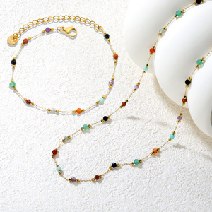 Conjunto de pulsera y collar de piedra natural de color acero inoxidable, joyería unisex, regalo de moda, diseño simple. - Product Image 1