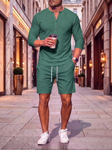 Vêtement pour hommes de style européen et américain, printemps et automne, haut à manches longues multi-boutons, décontracté, couleur unie, avec cordon de serrage - Product Image 3