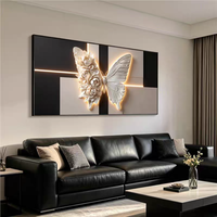 Décoration murale papillon noir et beige de luxe, tableau horizontal effet lumière et ombre, décoration intérieure, peinture murale en porcelaine cristalline