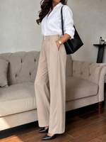 Pantalon plissé décontracté taille haute ample à jambe large uni pour femme, idéal pour le bureau au printemps