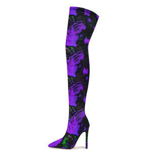 Big Size 47 Wide Fit Thigh High Boots Women's Stiletto Over-knee Floral Pattern Boots Stretchy Fabric on Shoes - Product Image 2