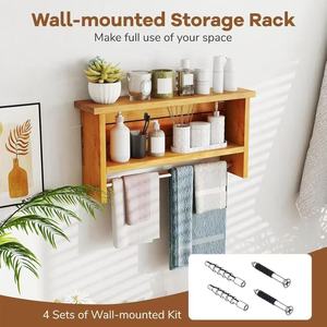 Wooden Wall Mounted Storage Rack 2 Tier With Towel <b>Bar</b> For Bathroom Kitchen Organizer <b>Shelf</b> - Product Image 3