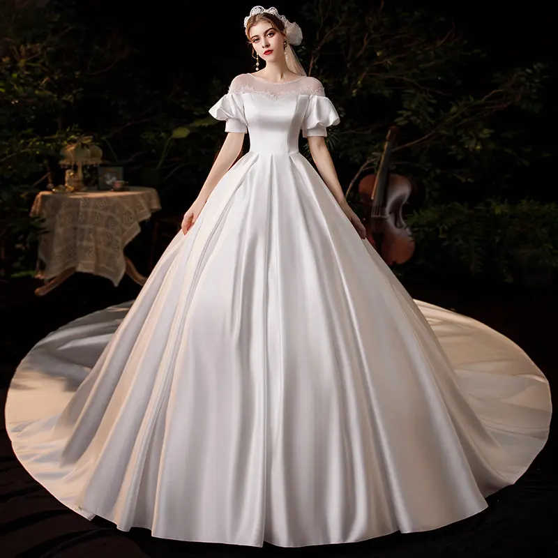 Abito da sposa bianco 2022 new bride master abito da sposa abito estivo retrò in raso di alta qualità coda di grandi dimensioni