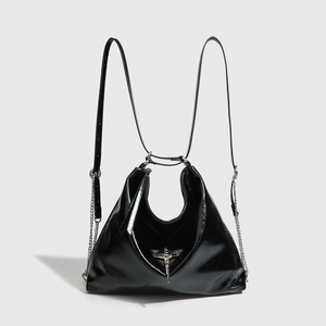 Bolso hobo de lujo para mujer, de piel sintética charolada, con correa de cadena, cierre de cremallera, moderno y elegante, bolso de hombro negro, estilo vintage. - Product Image 1