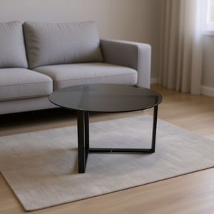 Tavolino da caffè rotondo moderno 80x80x45 cm con piano in vetro e struttura in ferro nero, mobile da soggiorno dal design minimalista, facile da pulire - Product Image 2