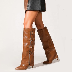 Metal Buckles <b>High</b> Slim Heels Women <b>Knee</b> <b>High</b> Overlay Boots Western Styles Pointed Toe Pants Long Booties Side Zipper Shoes - Product Image 1