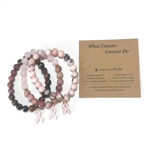 Breast Cancer Awareness Pink Ribbon Bracelets Natural Pink Zebra Rhodonite Pink Quartz Stone Beaded Inspirational Bangles