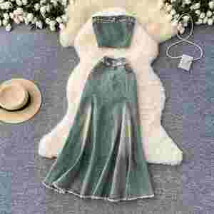 Ensemble 2 pièces Y2K pour femmes, haut tube sans manches et jupe en jean taille haute, Ropa Wholesale - Product Image 2