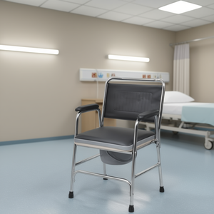 Chaise de Commode avec Cadre en Acier Inoxydable et Accoudoirs, Siège en PU Noir, Design Industriel, pour Usage Hospitalier - Product Image 2