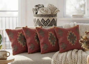 Housse de coussin artisanale style sud-ouest, rouge rouille, motif tribal aztèque, pour décoration bohème, ferme, salon, chambre, maison - Product Image 6