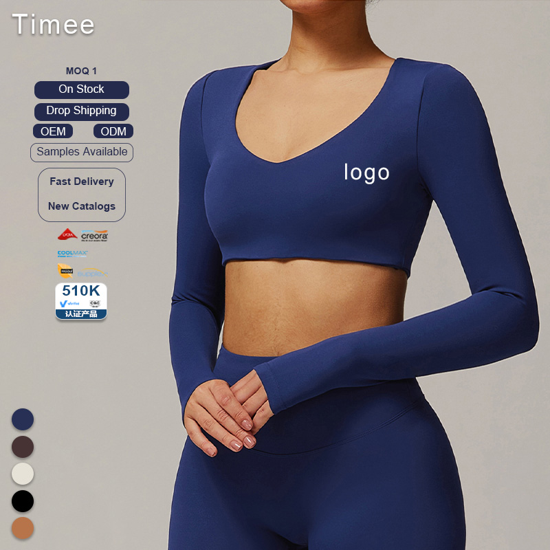 Cross Border Tight Quick Dry Yoga Long Sleeve Women's V-neck Short Slimming Top Running Sports Fitness T-shirt