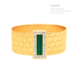 Fashion Cuff <b>Bracelet</b> 316L Stainless Steel PVD Gold Plating Green Inlay <b>Crystal</b> Accent - Product Image 2