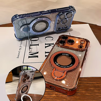 Coque de téléphone magnétique de luxe électroplaquée transparente à paillettes, antichoc, avec anneau pliable et support pour iPhone 17 16 15 14 Pro Max