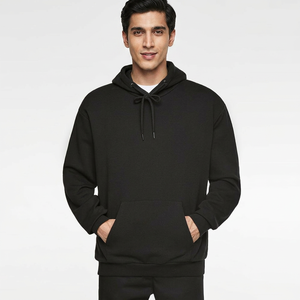 Vente en gros – Sweat à capuche velours surdimensionné 100 % coton de haute qualité, personnalisé, avec demi-fermeture éclair, ourlet et poignets côtelés, pour homme, noir, hiver - Product Image 1