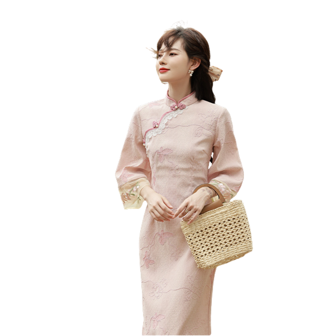 Peach French Tea Break Lace Embroidered Traditional Clothing Women