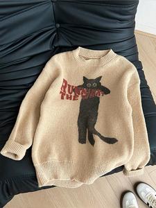 Wholesale Oversized Beige Knitted Sweater for School Campus Casual Outing Graphic Cartoon Cat Jacquard Pullover <strong>Jumper</strong> - Product Image 4