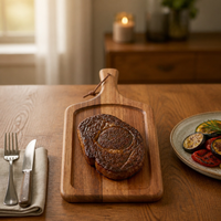 Planche de service en bois d'acacia naturel poli et durable avec poignée et rainure à jus pour fêtes, steaks, barbecues et charcuteries